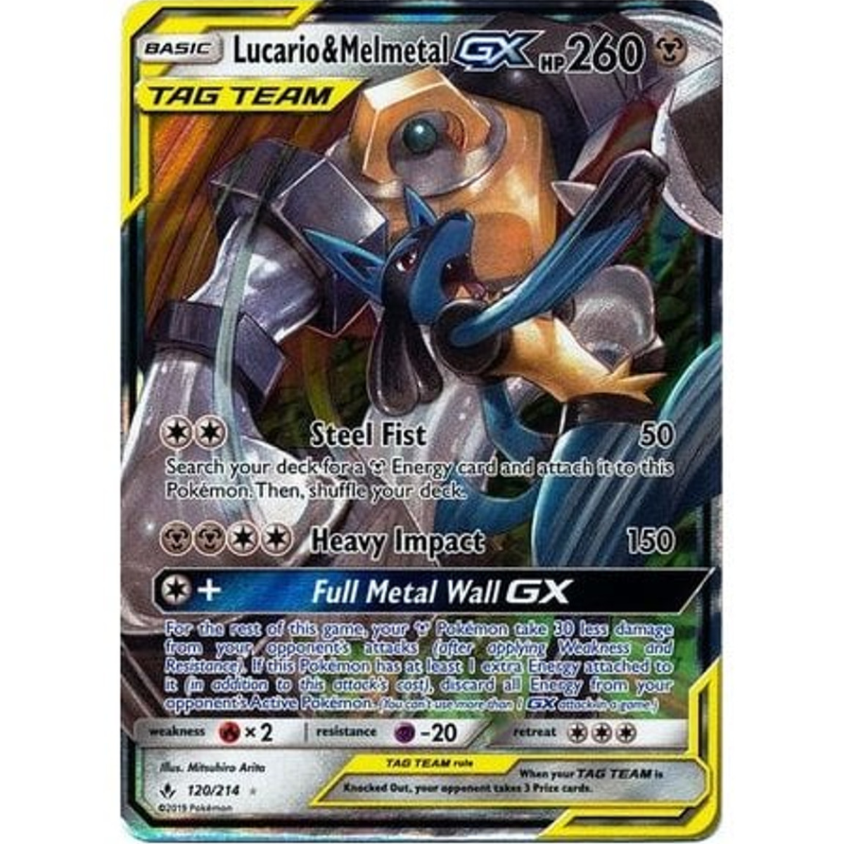 POKEMON TCG - LUCARIO & MELMETAL GX 120/214 UNBROKEN BONDS ULTRA RARE