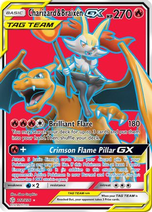 POKEMON TCG - Charizard & Braixen GX (Full Art) 212 SM Cosmic Eclipse - Ultra Rare