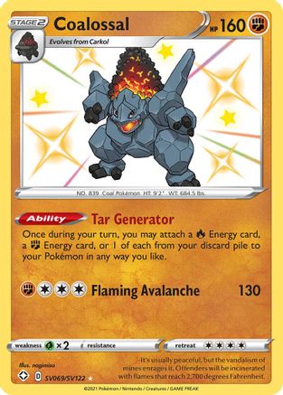 POKEMON TCG - Coalossal SV069/SV122 Shining Fates Shiny Vault - Shiny Holo Rare