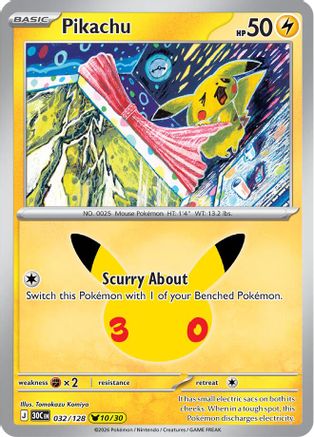 POKEMON TCG - Pikachu 032/128 ME 30th Celebration - Pikachu Rare