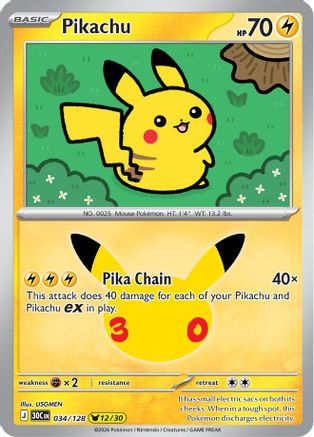 POKEMON TCG - Pikachu 034/128 ME 30th Celebration - Pikachu Rare