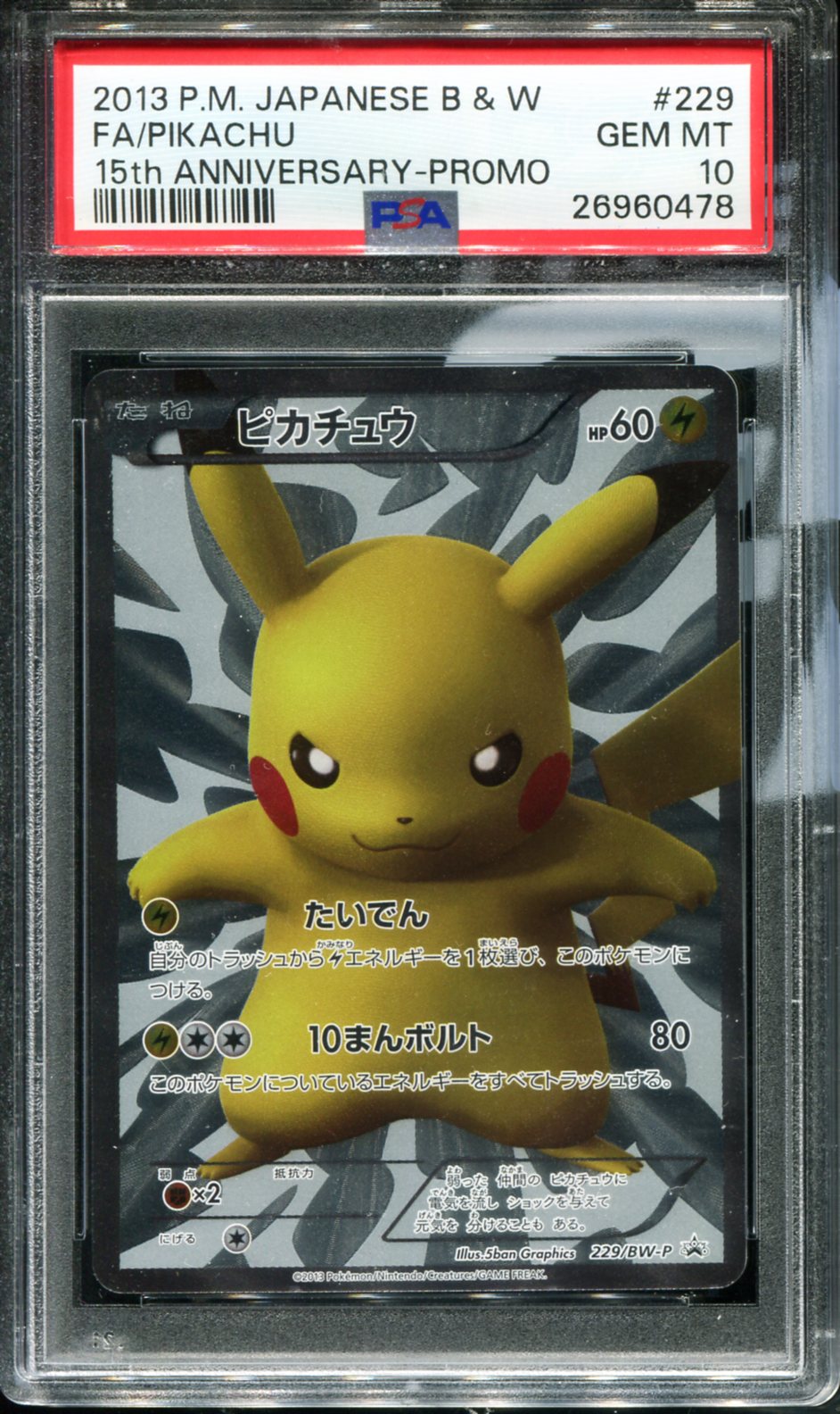 POKEMON TCG - PIKACHU 229/BW-P POKEMON PSA 10 JAPANESE B & W FULL ART
