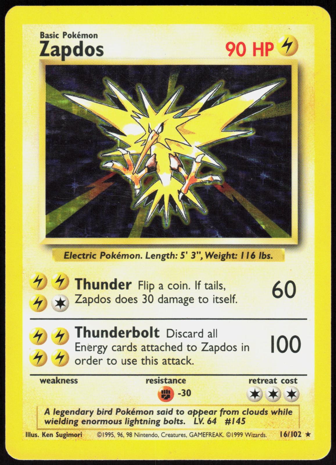 ZAPDOS 16/102 BASE SET UNLIMITED POKEMON HOLO RARE LP