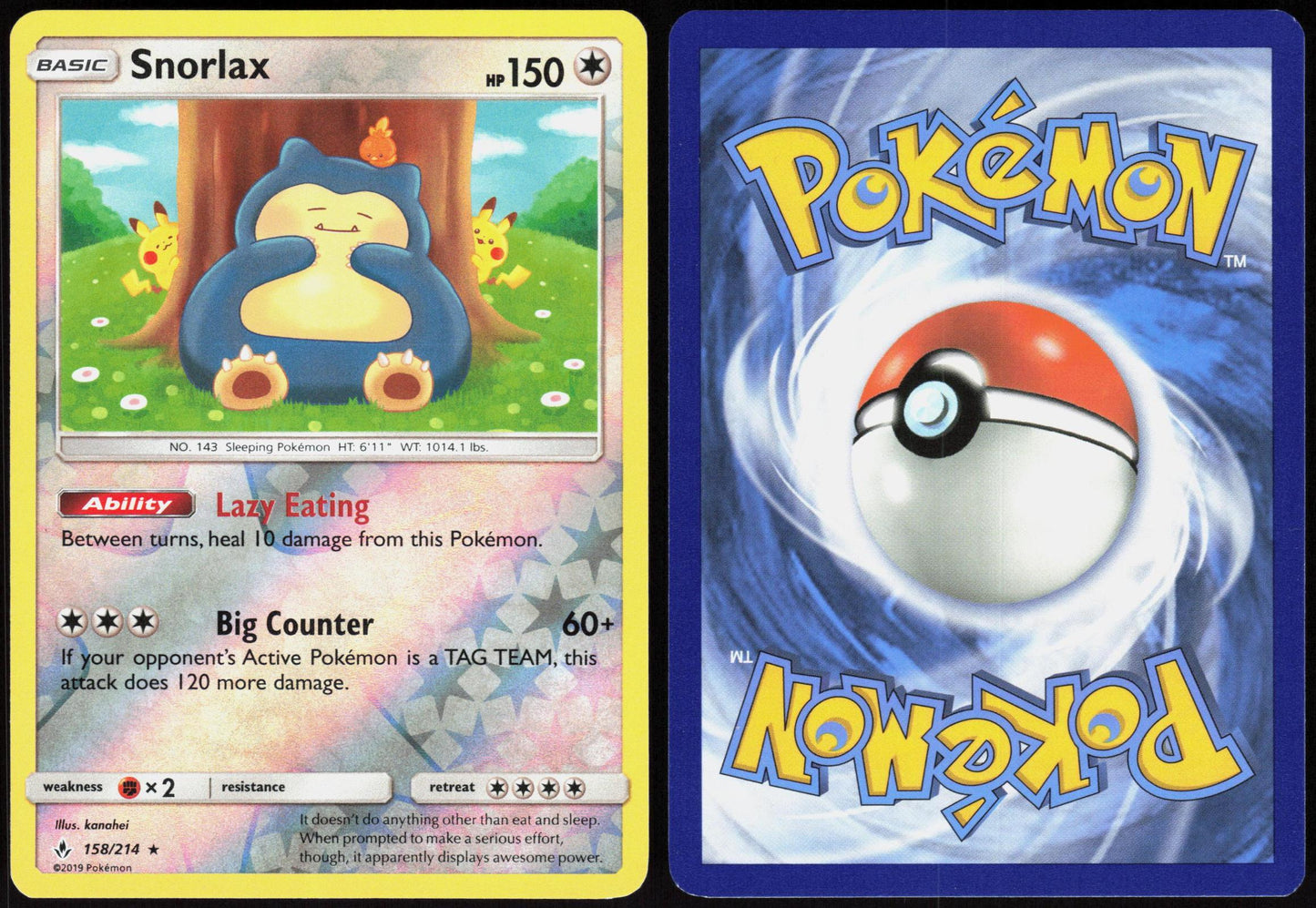 SNORLAX 158/214 UNBROKEN BONDS POKEMON RARE REVERSE HOLO LP
