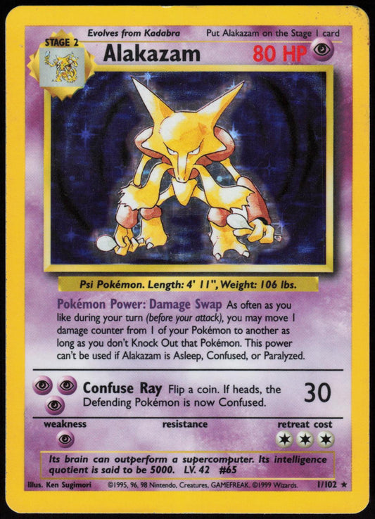 ALAKAZAM 1/102 BASE SET UNLIMITED POKEMON HOLO RARE MP