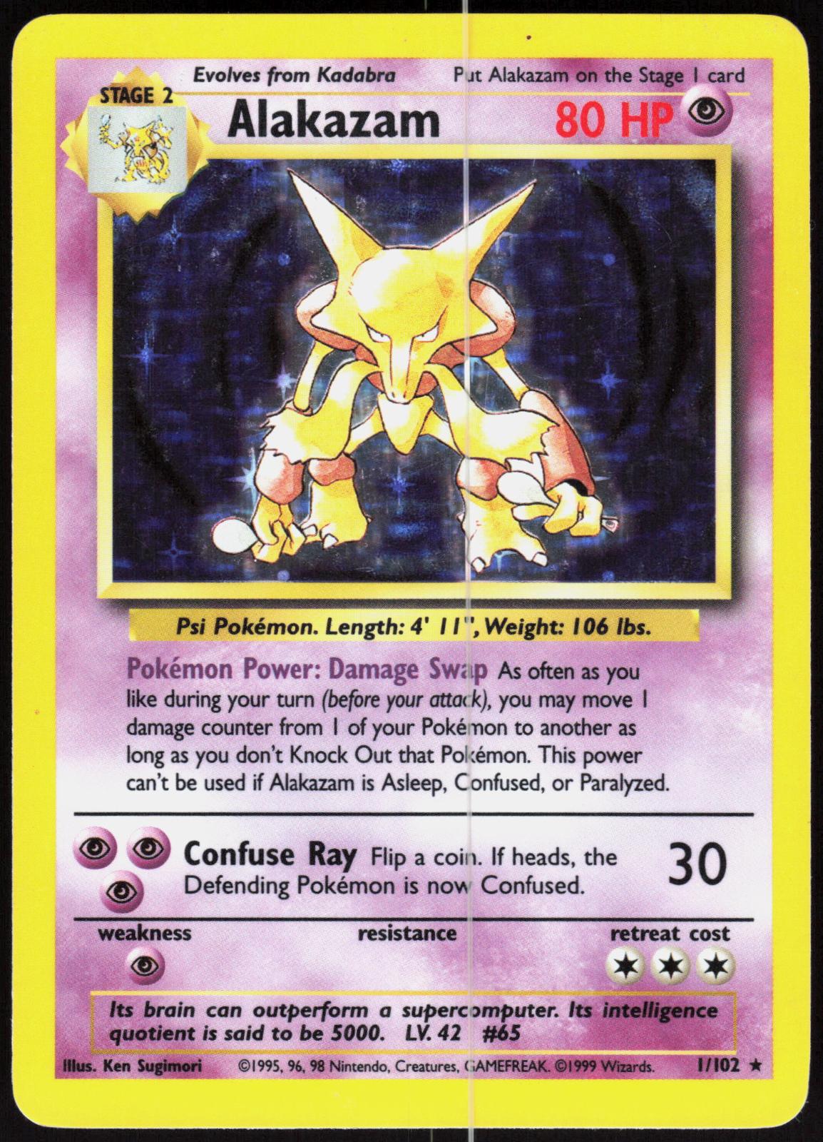 ALAKAZAM 1/102 BASE SET UNLIMITED POKEMON HOLO RARE LP