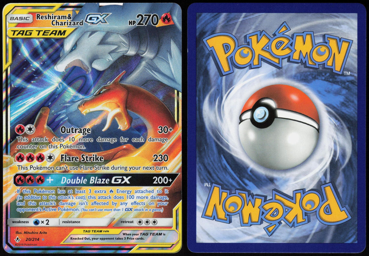 RESHIRAM & CHARIZARD GX 20/214 UNBROKEN BONDS POKEMON GX RARE HOLO LP