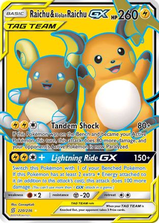 POKEMON TCG - Raichu & Alolan Raichu GX (Full Art) SM  Unified Minds - Ultra Rare