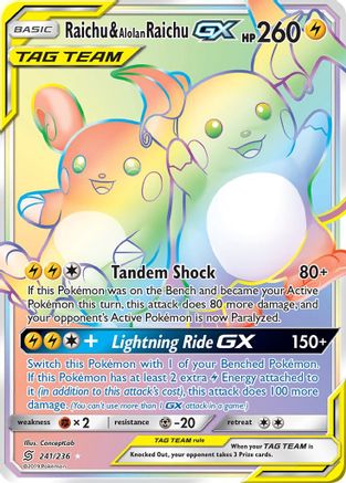 POKEMON TCG - Raichu & Alolan Raichu GX (Secret) 241 SM  Unified Minds - Secret Rare