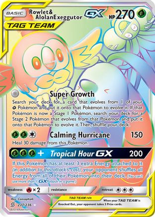 POKEMON TCG - Rowlet & Alolan Exeggutor GX (Secret) 237 SM  Unified Minds - Secret Rare