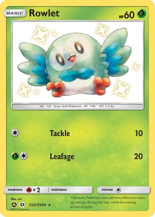 POKEMON TCG - Rowlet SV2/SV94 Hidden Fates Shiny Vault - Shiny Holo Rare
