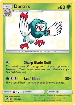 POKEMON TCG - Dartrix SV3/SV94 Hidden Fates Shiny Vault - Shiny Holo Rare