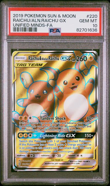 POKEMON TCG - RAICHU & ALOLAN RAICHU GX 220/236 PSA 10 UNIFIED MINDS FULL ART