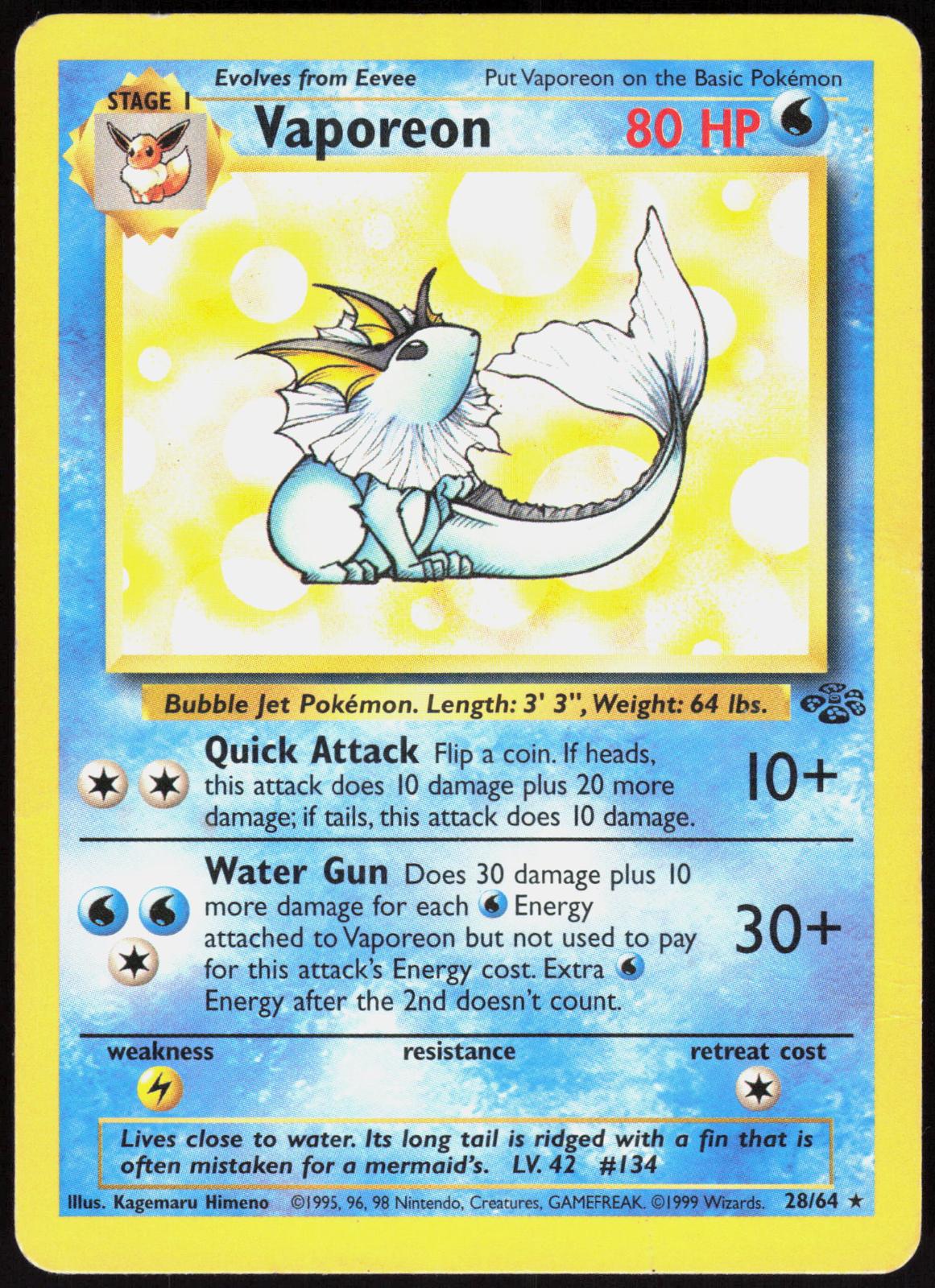 VAPOREON 28/64 JUNGLE POKEMON RARE UNLIMITED HP