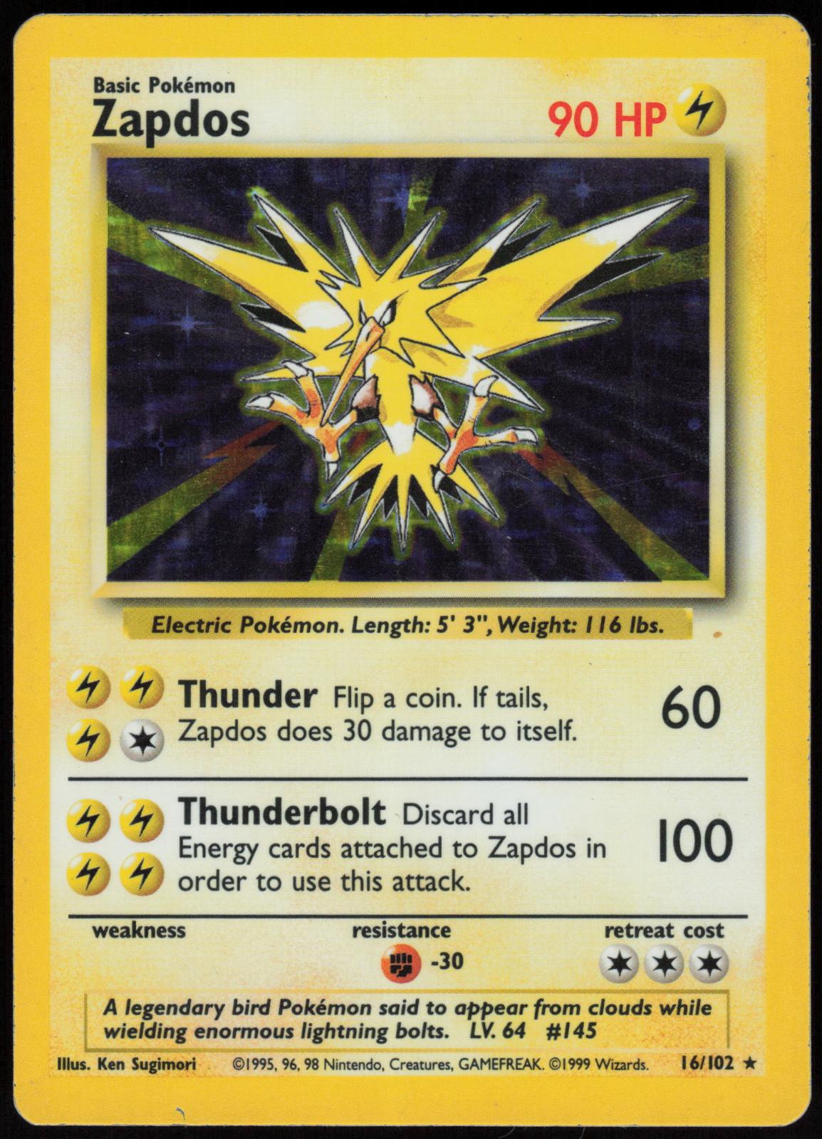 ZAPDOS 16/102 BASE SET UNLIMITED POKEMON HOLO RARE HP