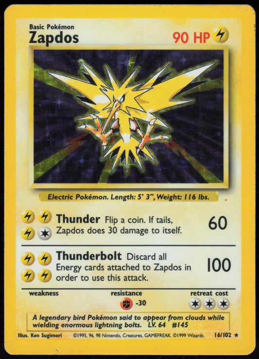 ZAPDOS 16/102 BASE SET UNLIMITED POKEMON HOLO RARE HP