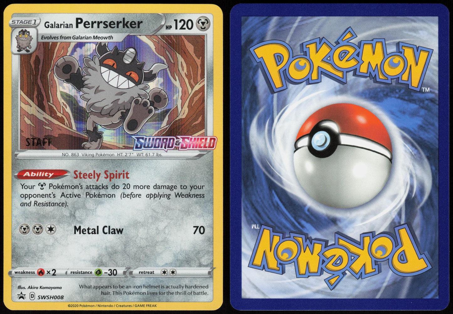 GALARIAN PERRSERKER (PRERELEASE) [STAFF] SWSH008 SWORD & SHIELD PROMO HOLO NM