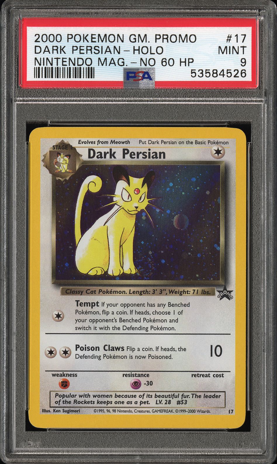 DARK PERSIAN HOLO 17 PSA 9 NINTENDO MAGAZINE-NO 60 HP GAME PROMO POKEMON
