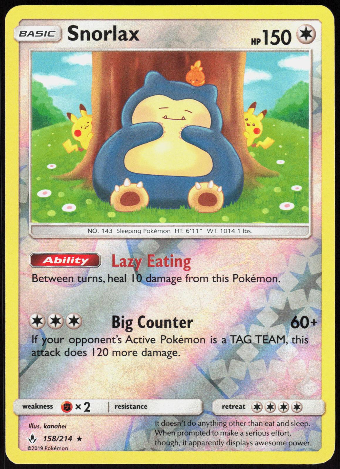 SNORLAX 158/214 UNBROKEN BONDS POKEMON RARE REVERSE HOLO LP