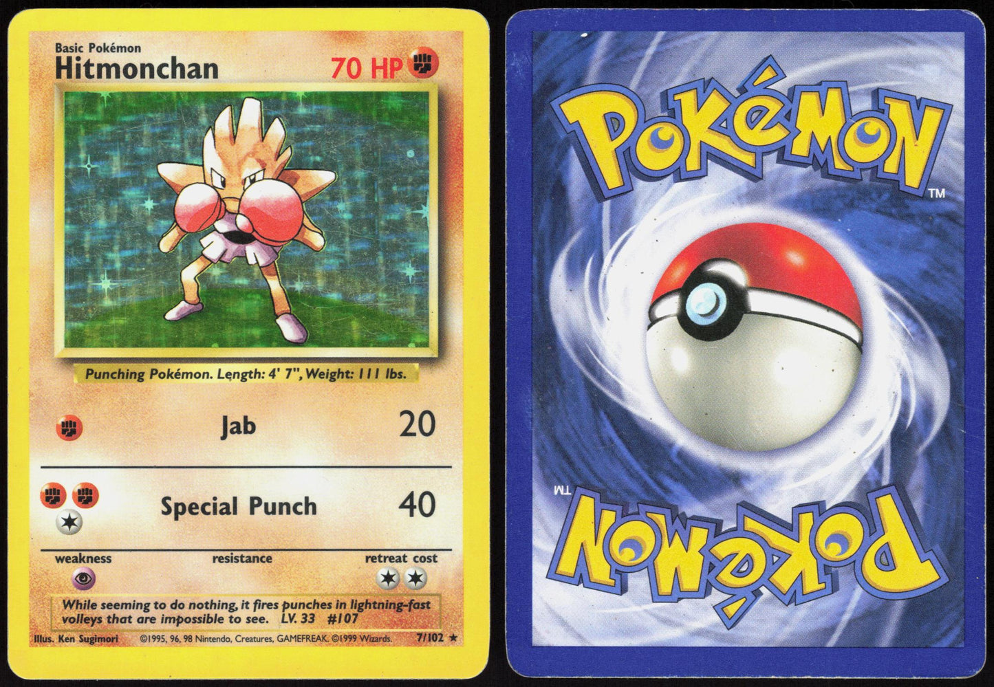 HITMONCHAN 7/102 BASE SET UNLIMITED POKEMON HOLO RARE MP