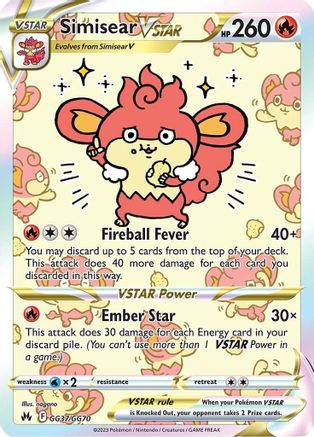 POKEMON TCG - Simisear VSTAR GG37/GG70 Crown Zenith Galarian Gallery - Ultra Rare