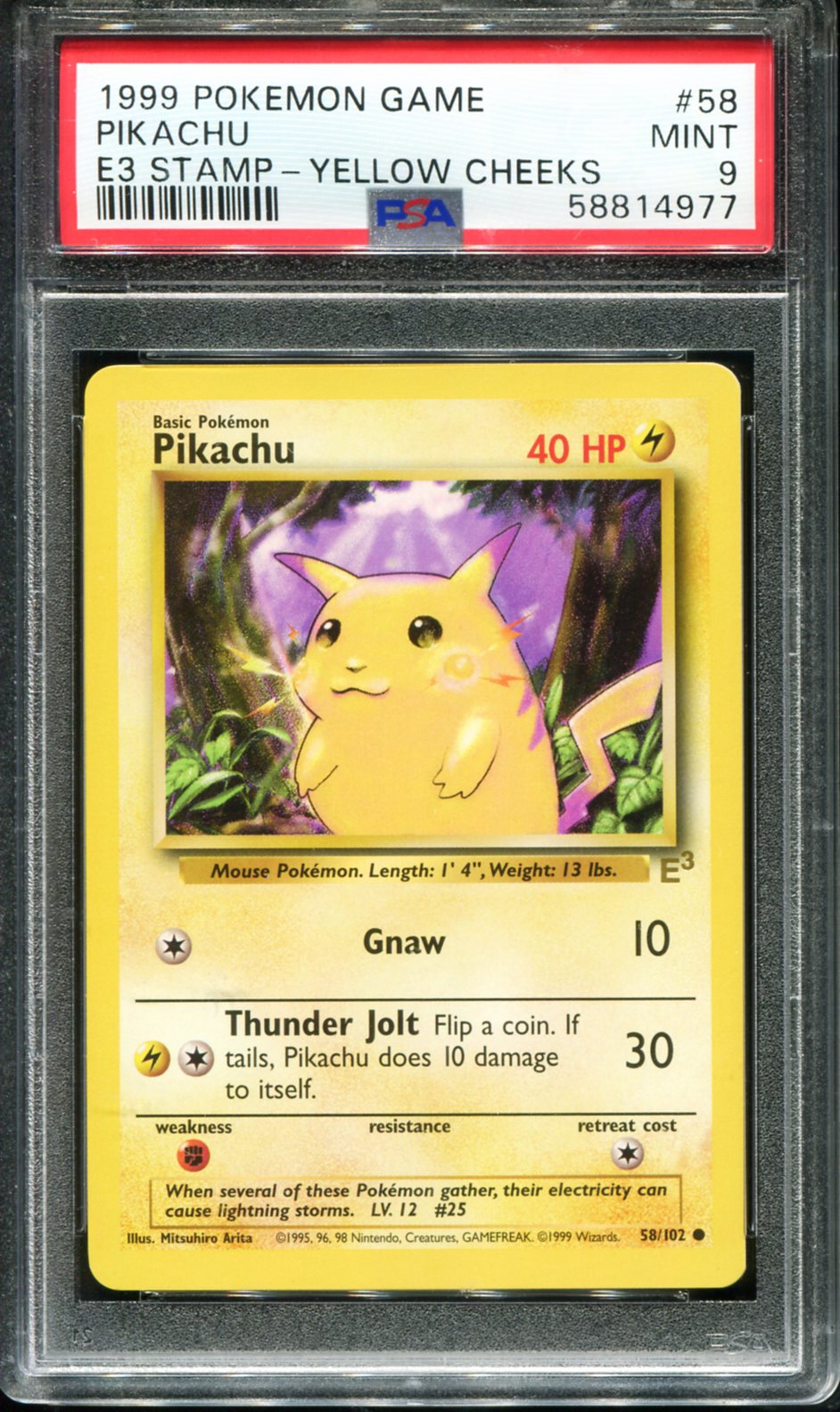 PIKACHU 58/102 PSA 9 E3 STAMP-YELLOW CHEEKS GAME POKEMON