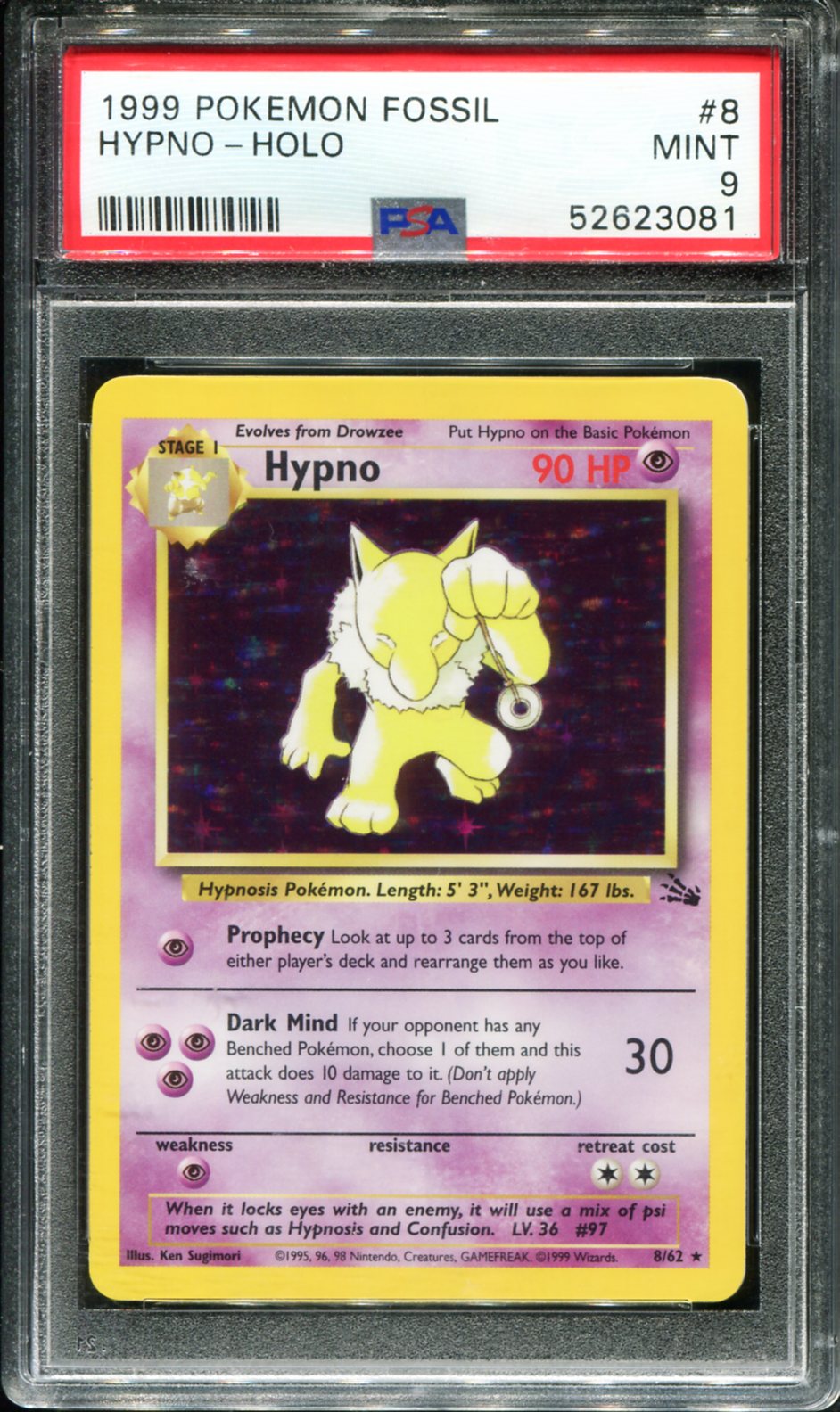 HYPNO HOLO 8/62 PSA 9 FOSSIL POKEMON