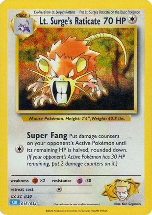 POKEMON TCG - Lt. Surge's Raticate 016/034 Trading Card Game Classic - Classic Collection