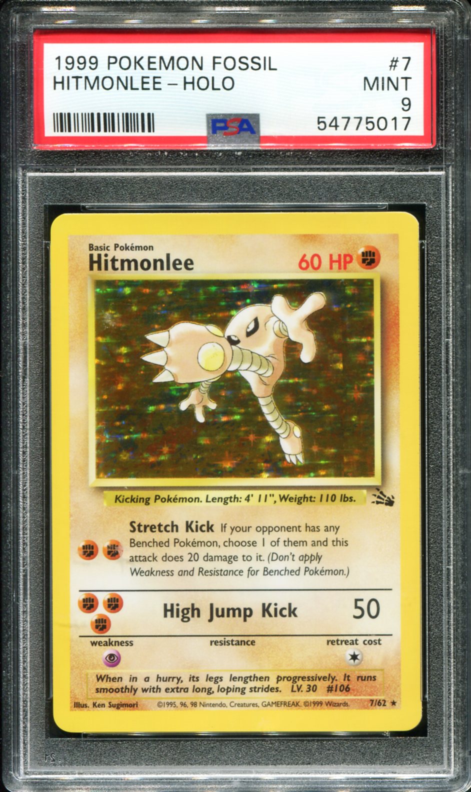 HITMONLEE HOLO 7/62 PSA 9 FOSSIL POKEMON