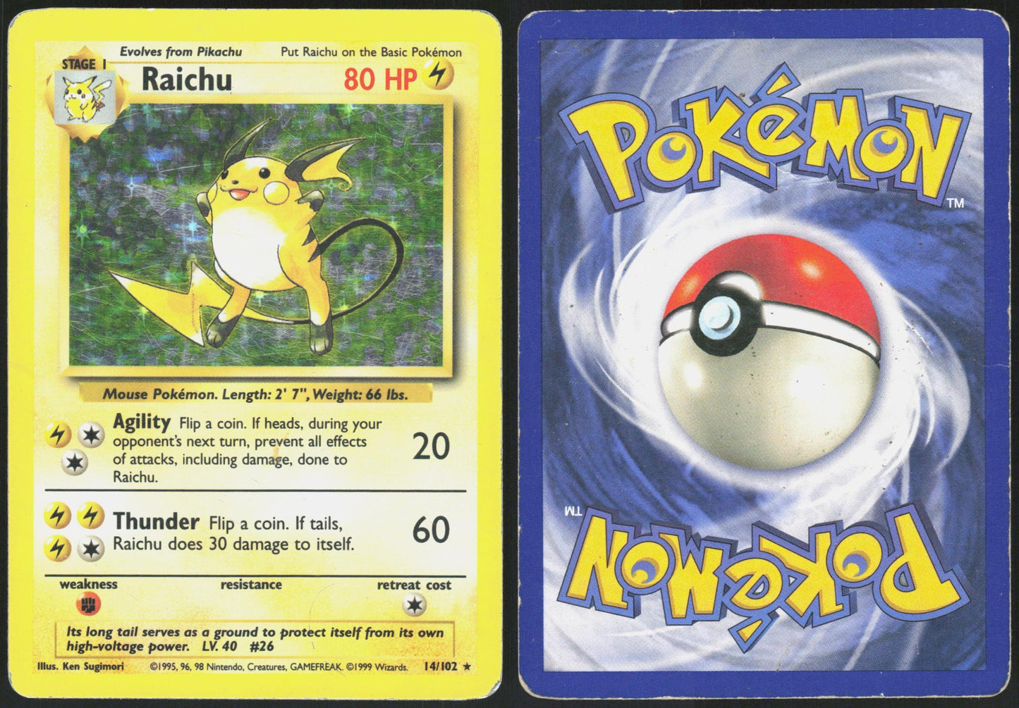 RAICHU 14/102 BASE SET UNLIMITED POKEMON HOLO RARE HP