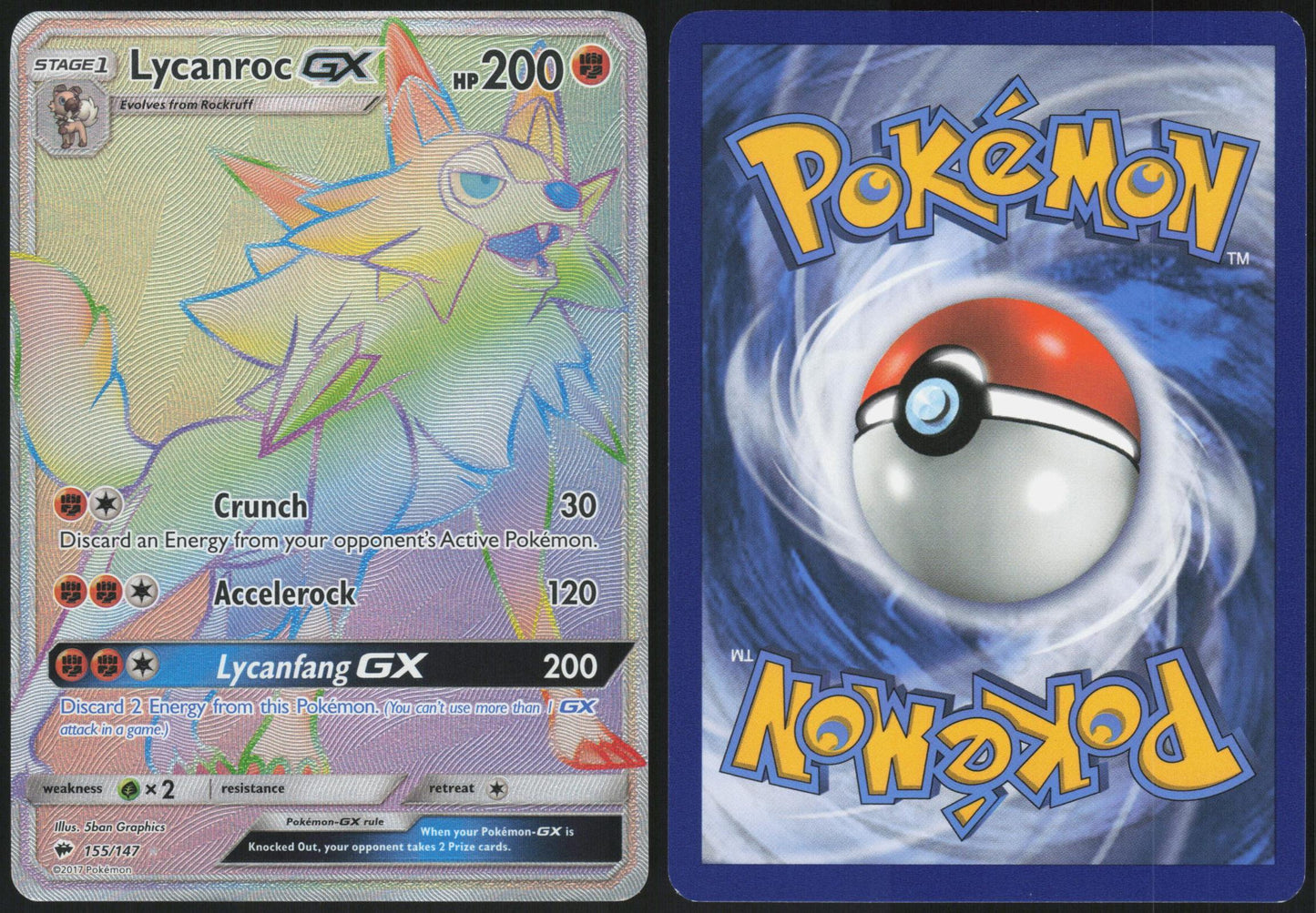 LYCANROC GX 155/147 BURNING SHADOWS POKEMON RAINBOW RARE HOLO LP