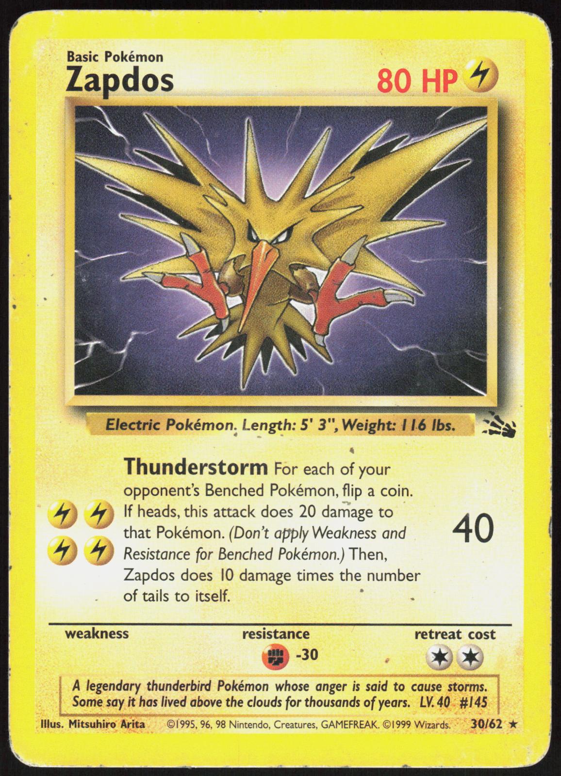 ZAPDOS 30/62 FOSSIL POKEMON RARE UNLIMITED HP