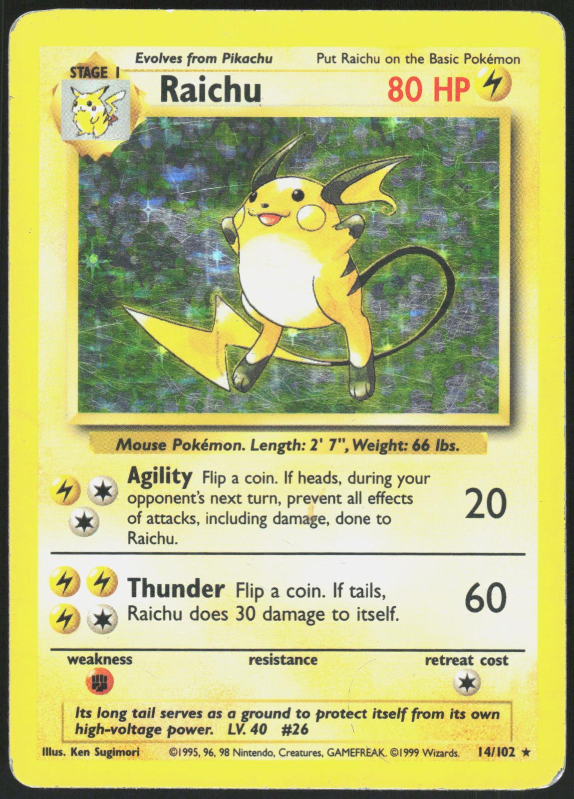 RAICHU 14/102 BASE SET UNLIMITED POKEMON HOLO RARE HP