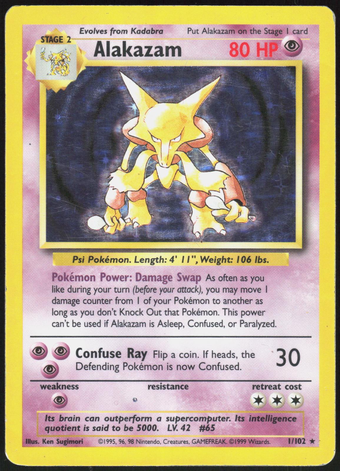 ALAKAZAM 1/102 BASE SET UNLIMITED POKEMON HOLO RARE HP