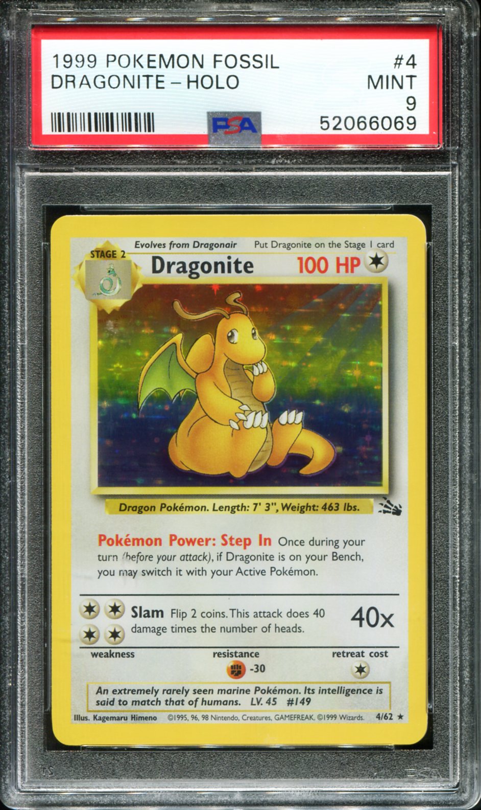 DRAGONITE HOLO 4/62 PSA 9 FOSSIL POKEMON