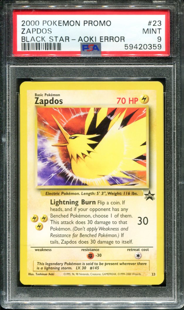 ZAPDOS 23 PSA 9 TOSHINAO AOKI ERROR PROMO BLACK STAR POKEMON