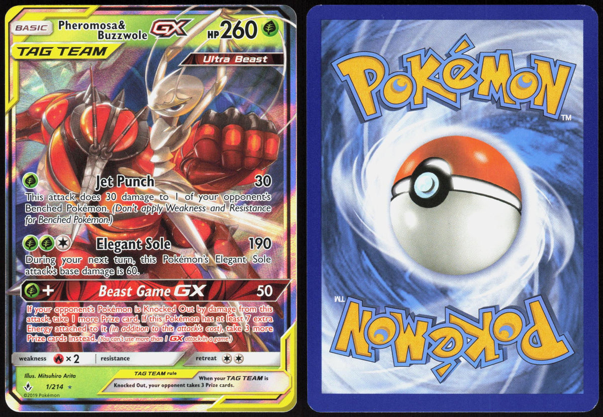 PHEROMOSA & BUZZWOLE GX 1/214 UNBROKEN BONDS POKEMON GX RARE HOLO LP