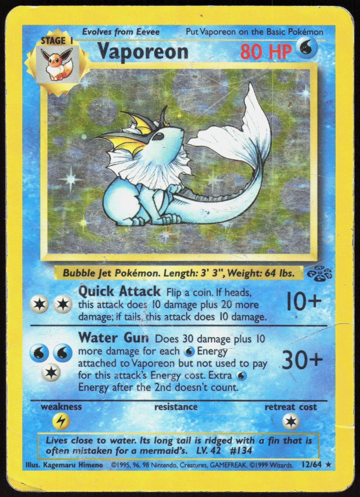 VAPOREON 12/64 JUNGLE POKEMON RARE UNLIMITED HOLO HP
