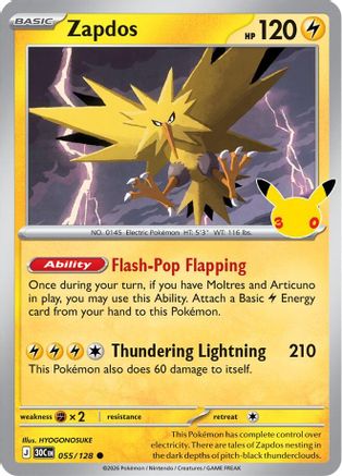 POKEMON TCG - Zapdos 055/128 ME 30th Celebration - Common