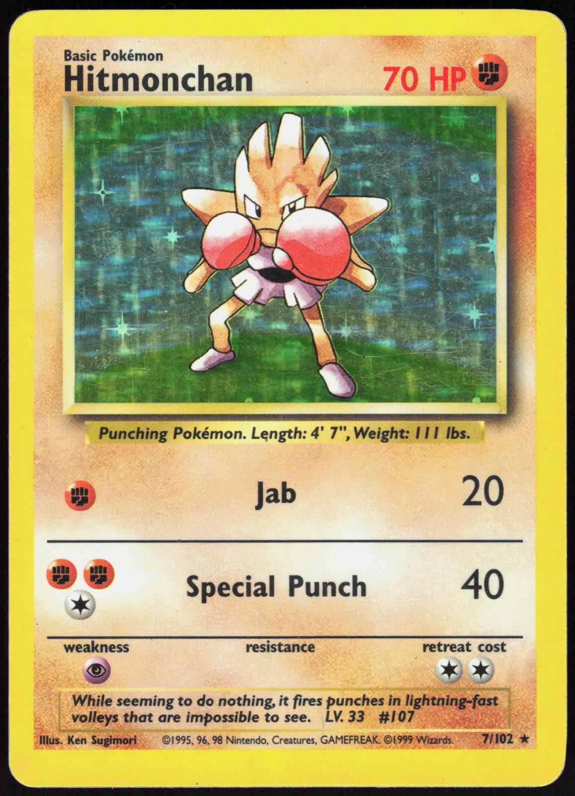 HITMONCHAN 7/102 BASE SET UNLIMITED POKEMON HOLO RARE MP