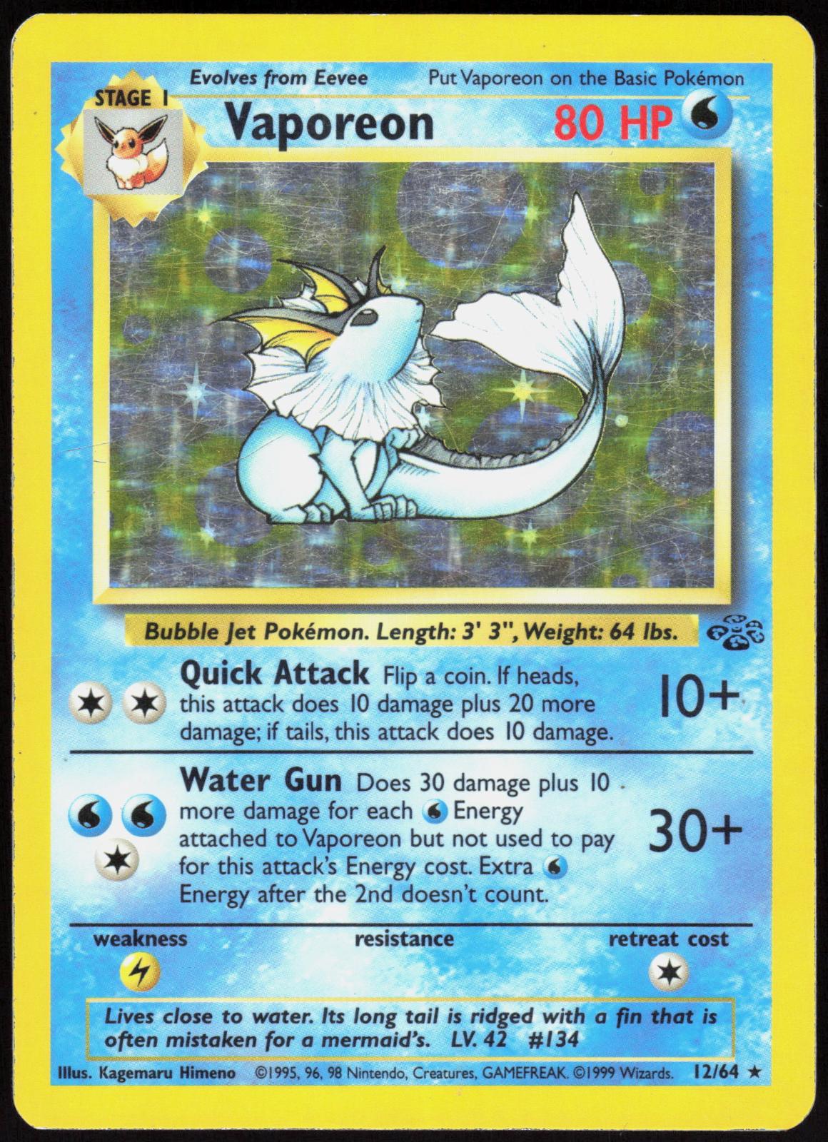 VAPOREON 12/64 JUNGLE POKEMON RARE UNLIMITED HOLO MP