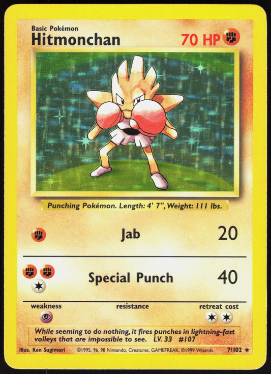 HITMONCHAN 7/102 BASE SET UNLIMITED POKEMON HOLO RARE LP