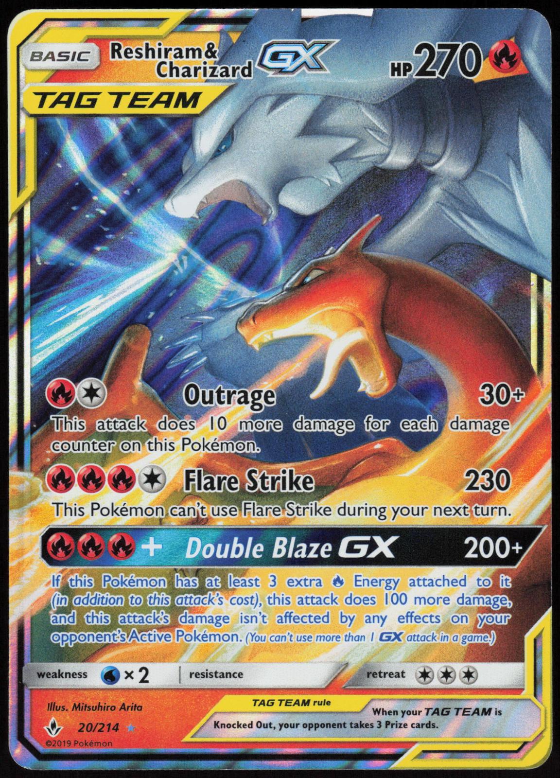 RESHIRAM & CHARIZARD GX 20/214 UNBROKEN BONDS POKEMON GX RARE HOLO LP