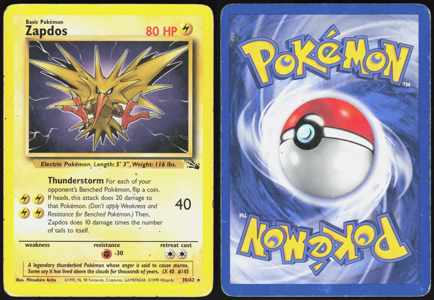 ZAPDOS 30/62 FOSSIL POKEMON RARE UNLIMITED HP