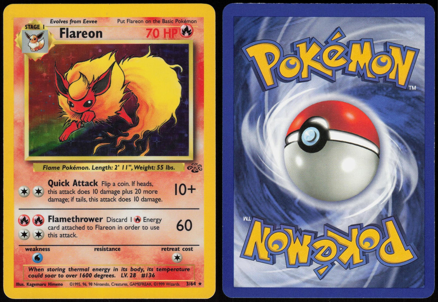 FLAREON 3/64 JUNGLE POKEMON RARE UNLIMITED HOLO MP
