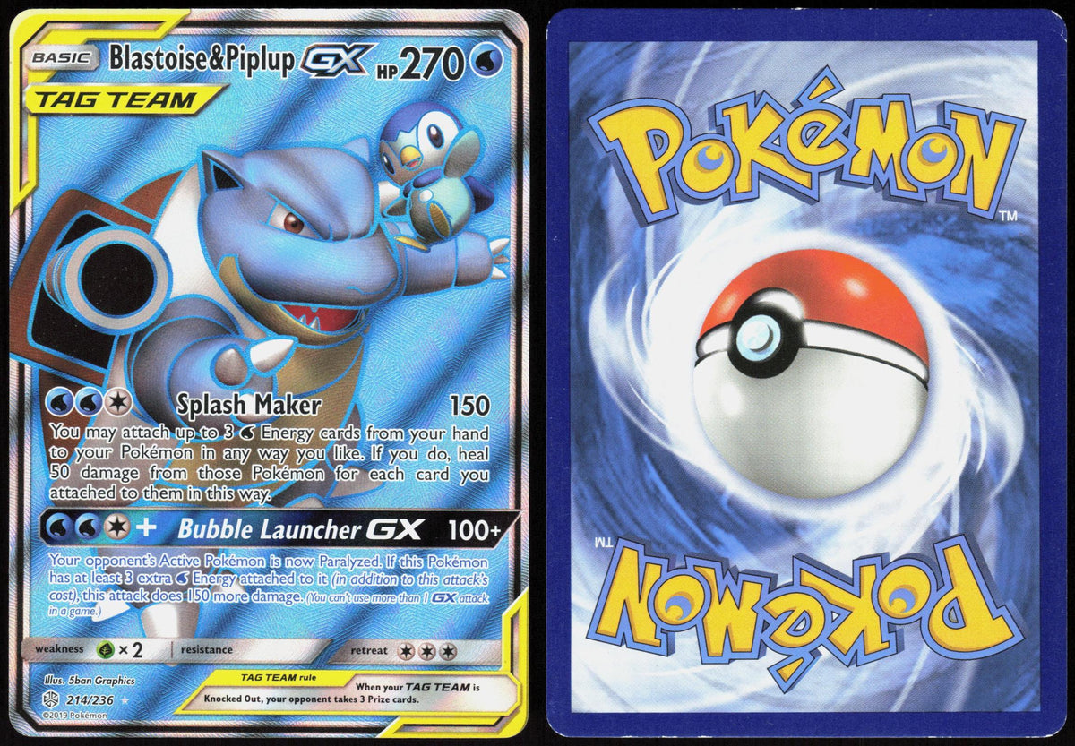 BLASTOISE & PIPLUP GX 214/236 COSMIC ECLIPSE POKEMON ULTRA RARE HOLO LP