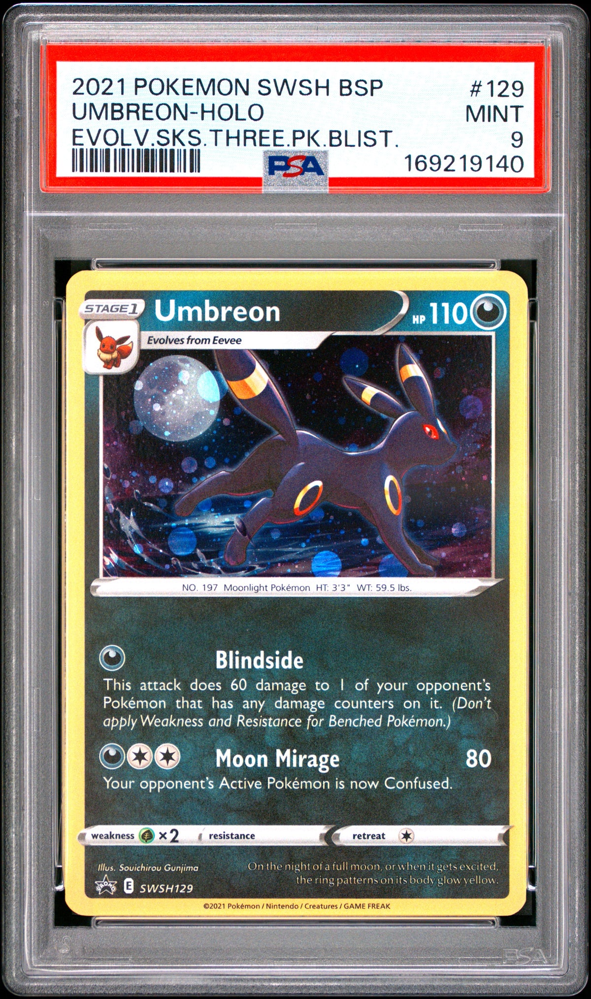UMBREON HOLO 129/203 PSA 9 EVOLVING SKIES THREE PACK BLISTERS POKEMON