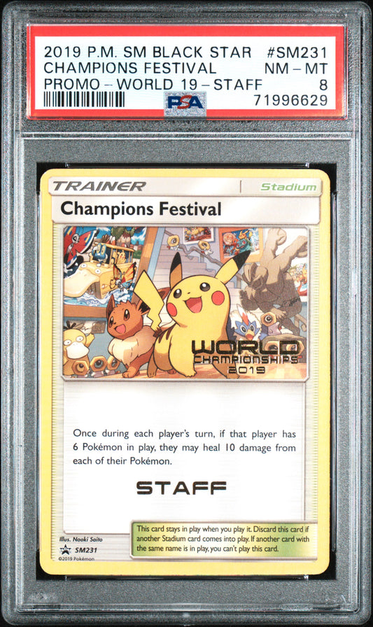 CHAMPIONS FESTIVAL SM231 PSA 8 WORLD 19-STAFF SM BLACK STAR PROMO POKEMON