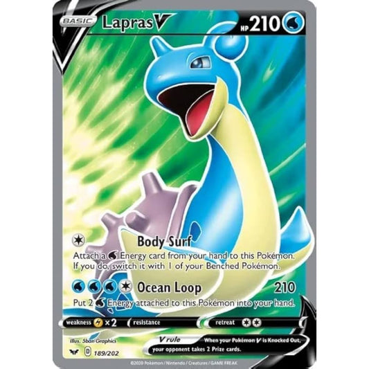 POKEMON TCG - LAPRAS V 189/202 SWORD & SHIELD BASE SET FULL ART