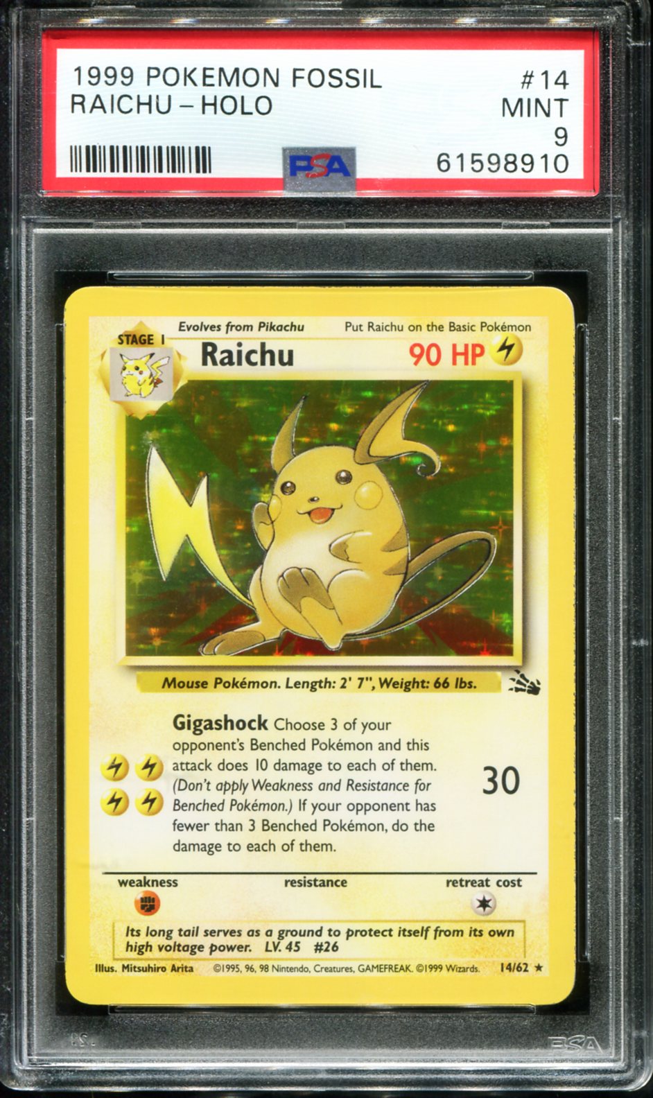 RAICHU HOLO 14/62 PSA 9 FOSSIL POKEMON